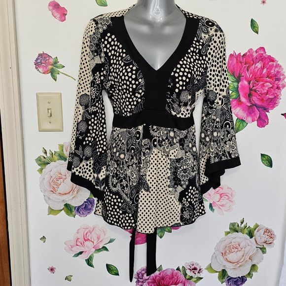 Mod retro Size S psychedelic Paisley Long Bell Sleeve v-neck flowy top - Picture 2 of 7